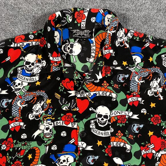 Dragonfly Mens Medium Skull Snake All Over Print Button Camp Shirt Mi Vida Loca - Picture 1 of 8